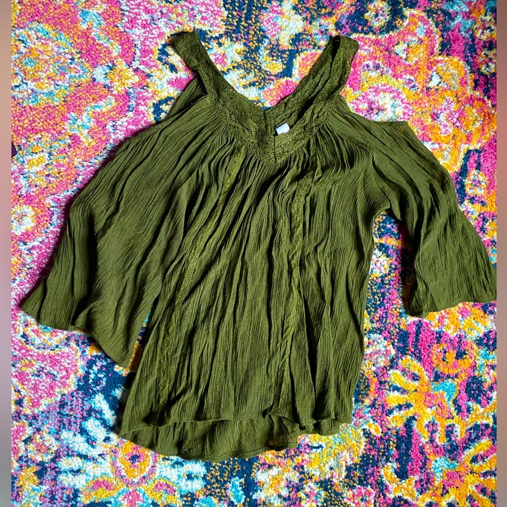 Wispy, mossy gauzy bohemian hippie cold-shoulder ribbon top Sz LRG cottage-core